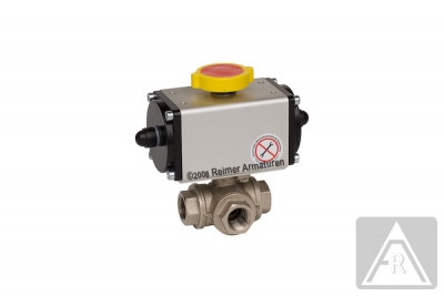 3-way ball valve - brass  G 1", PN 16, L-bore, pneumatically operated (single acting)