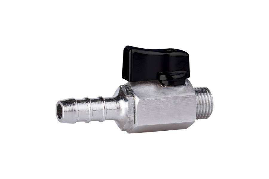 Mini- ball valve - brass, G 1/2", PN 10, male/hose connection- handlever made of Aluminium