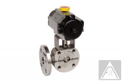 3-way wafer-type ball valve - stainless steel, DN 80, PN 16, L-bored - pneumatically operated (double acting)