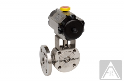 3-way wafer-type ball valve - stainless steel, DN 32, PN 16, T-bored - pneumatically operated (double acting) 3-way wafer-type ball valve - stainless steel, DN 32, PN 16, T-bored - pneumatically operated (double acting)