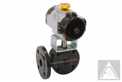 3-way wafer-type ball valve - steel, DN 40, PN 16, L-bored - pneumatically operated (double acting)