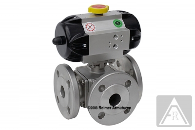 3-way ball valve - stainless steel, DN 80, PN 16, T-bored - pneumatically operated (double acting)