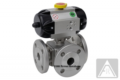 3-way ball valve - stainless steel, DN 40, PN 16, T-bored - pneumatically operated (double acting) 3-way ball valve - stainless steel, DN 40, PN 16, T-bored - pneumatically operated (double acting)