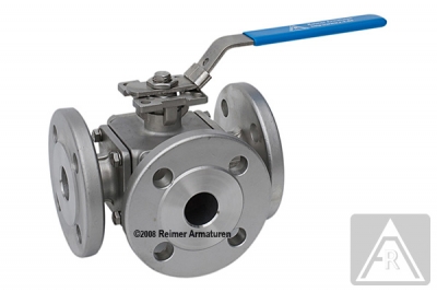 3-Wege Flanschkugelhahn aus Edelstahl, T-Bohrung, DN 50, PN 16, mit Flanschplatte (ISO5211) für Antriebsaufbau