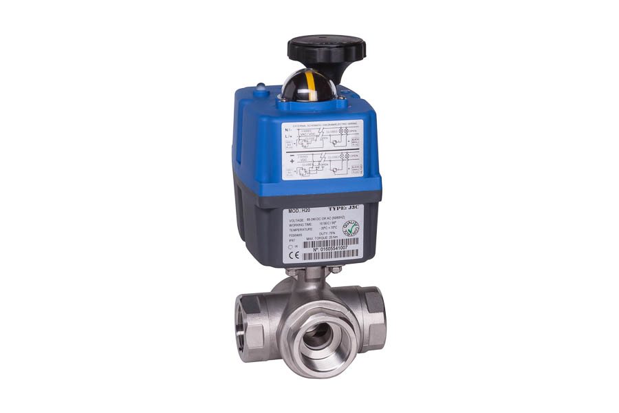 3-Wege Kugelhahn aus Edelstahl, L-Bohrung, Rp 1 1/2", PN 40 - elektrisch betätigt (230 V), Stellzeit: ca.14 s, IP 67 3-Wege Kugelhahn aus Edelstahl, L-Bohrung, Rp 1 1/2", PN 40 - elektrisch betätigt (230 V), Stellzeit: ca.14 s, IP 67