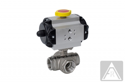 3-way ball valve - stainless steel, Rp 1", PN 40, L-bored - pneumatically operated (double acting)