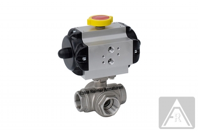 3-way ball valve - stainless steel, Rp 1", PN 40, T-bored - pneumatically operated (double acting)