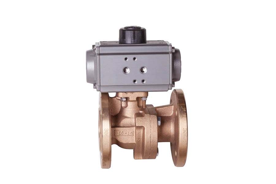 2-Wege Flanschkugelhahn aus Bronze, Kugel aus Aluminium-Bronze, DN 50, PN 16 - pneumatisch betätigt (einfachwirkend) 2-Wege Flanschkugelhahn aus Bronze, Kugel aus Aluminium-Bronze, DN 50, PN 16 - pneumatisch betätigt (einfachwirkend)