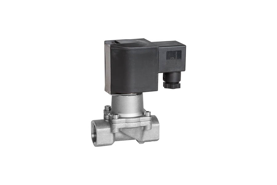 2/2-way Solenoid valve - stainless steel, with forced lifting, G 1 1/4", female/female, operating pressure: 0...10 bar, 230 V AC (normally closed) - for slightly aggressive gases and liquid fluids