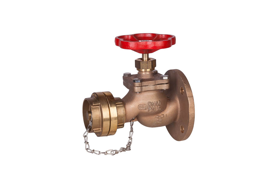 Fire and deck wash valve DIN 86211 - Bronze (Rg5), inner parts: SoMs59, DN 65, PN 16, straightway form - with adaptor and cap (incl. chain), system Storz