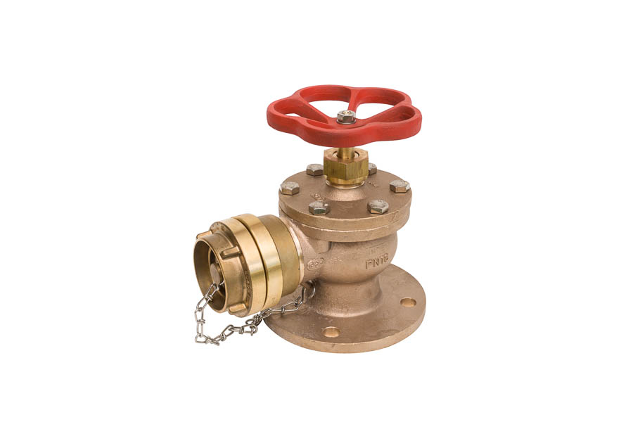Fire and deck wash valve DIN 86211 - Bronze (Rg5), inner parts: SoMs59, DN 50, PN 16, angle form - with adaptor and cap (incl. chain), system Storz