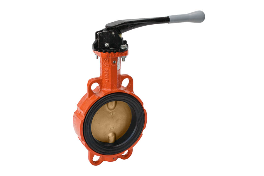 Butterfly valve - wafer type, body: GGG-40 / disc: Aluminium-Bronze / seat: NBR, DN 250, PN 10 - with gearbox