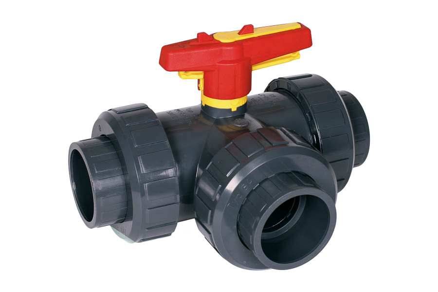 3-way ball valve PVC-U, seats PTFE, G 3/8", PN 16, female/female, T-bore