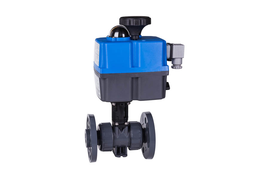 2-way ball valve PVC-U, seats PTFE, DN 32, PN 10, backing flanges - electrically operated (24 V)