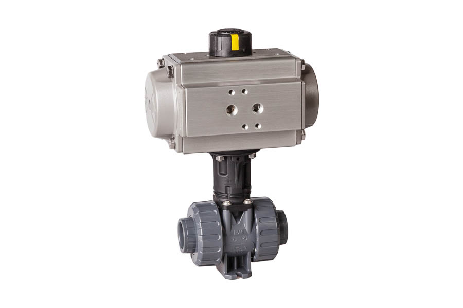 2-way ball valve PVC-U, seats PTFE, DN 40, PN 16, solvent socket - pneumatically operated (double acting)