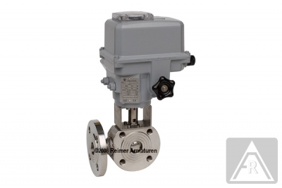 3-Wege Kompakt-Flanschkugelhahn aus Edelstahl, L-Bohrung, DN 20, PN 40 - elektrisch betätigt (230 V), Stellzeit: ca.6 s, IP 67