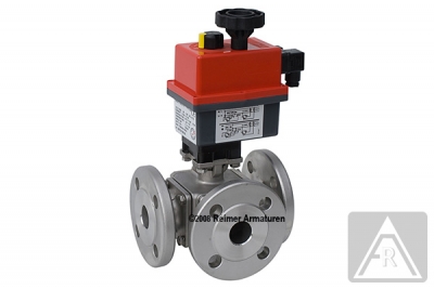 3-Wege Flanschkugelhahn aus Edelstahl, L-Bohrung, DN 20, PN 16 - elektrisch betätigt (230 V), Stellzeit: ca.10 s, IP 67 3-Wege Flanschkugelhahn aus Edelstahl, L-Bohrung, DN 20, PN 16 - elektrisch betätigt (230 V), Stellzeit: ca.10 s, IP 67