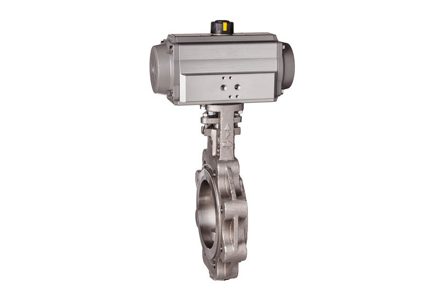 High Performance Klappe in Zwischenflanschausführung aus Stahl, metallisch dichtend, beidseitig anströmbar, Gehäuse: Stahl / Klappenscheibe: 1.4404 / Sitz: Inconel, DN 50, PN 25 - pneumatisch betätigt (doppeltwirkend)