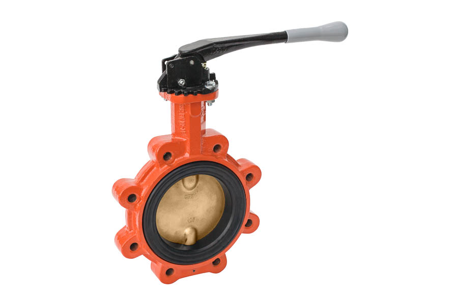 Butterfly valve - lug type, body: GGG-40 / disc: Aluminium-Bronze / seat: EPDM, DN 32, PN 16 - with lever