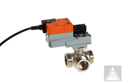 3-Wege Kugelhahn aus Messing, T-Bohrung, DN 15/ G 1", PN 16, Außengewinde - elektrisch betätigt (24 V), Stellzeit: 90 s, IP 54 3-Wege Kugelhahn aus Messing, T-Bohrung, DN 15/ G 1", PN 16, Außengewinde - elektrisch betätigt (24 V), Stellzeit: 90 s, IP 54