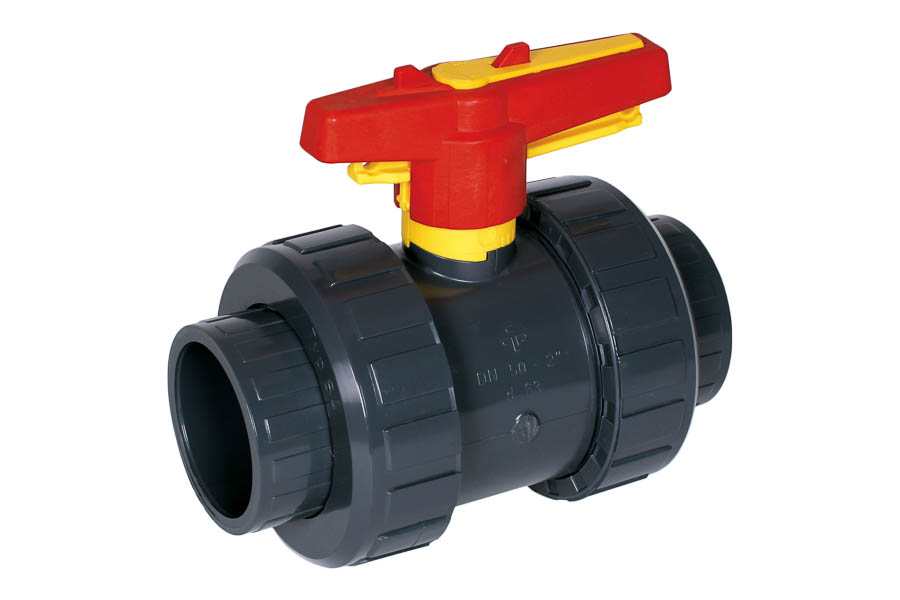 2-way ball valve PVC-U, seats PTFE, solvent socket- with safety handle